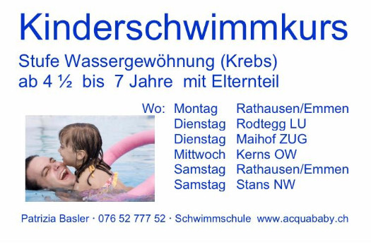 Kinderschwimmen Schwimmschule in Luzern, Rathausen/Emmen, Zug, Kerns und Stans mit acquababy Schwimmschule